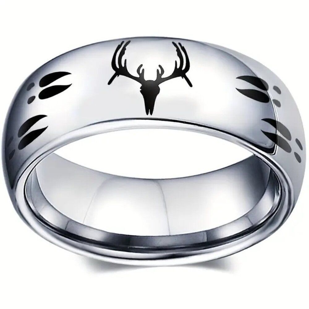 Fashionable Titanium Ring with Deer Head and Track Design Silver Color Size 6